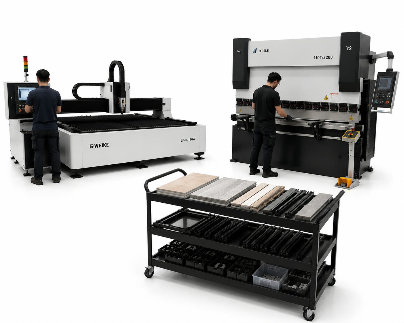 Fabricación Stelium Koncept: CNC router cortando materiales y exhibidor terminado con muestras de cerámica